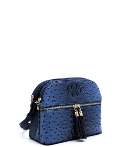 Ostrich Embossed Multi-Compartment Cross Body with Zip Tassel OS050 NAVY